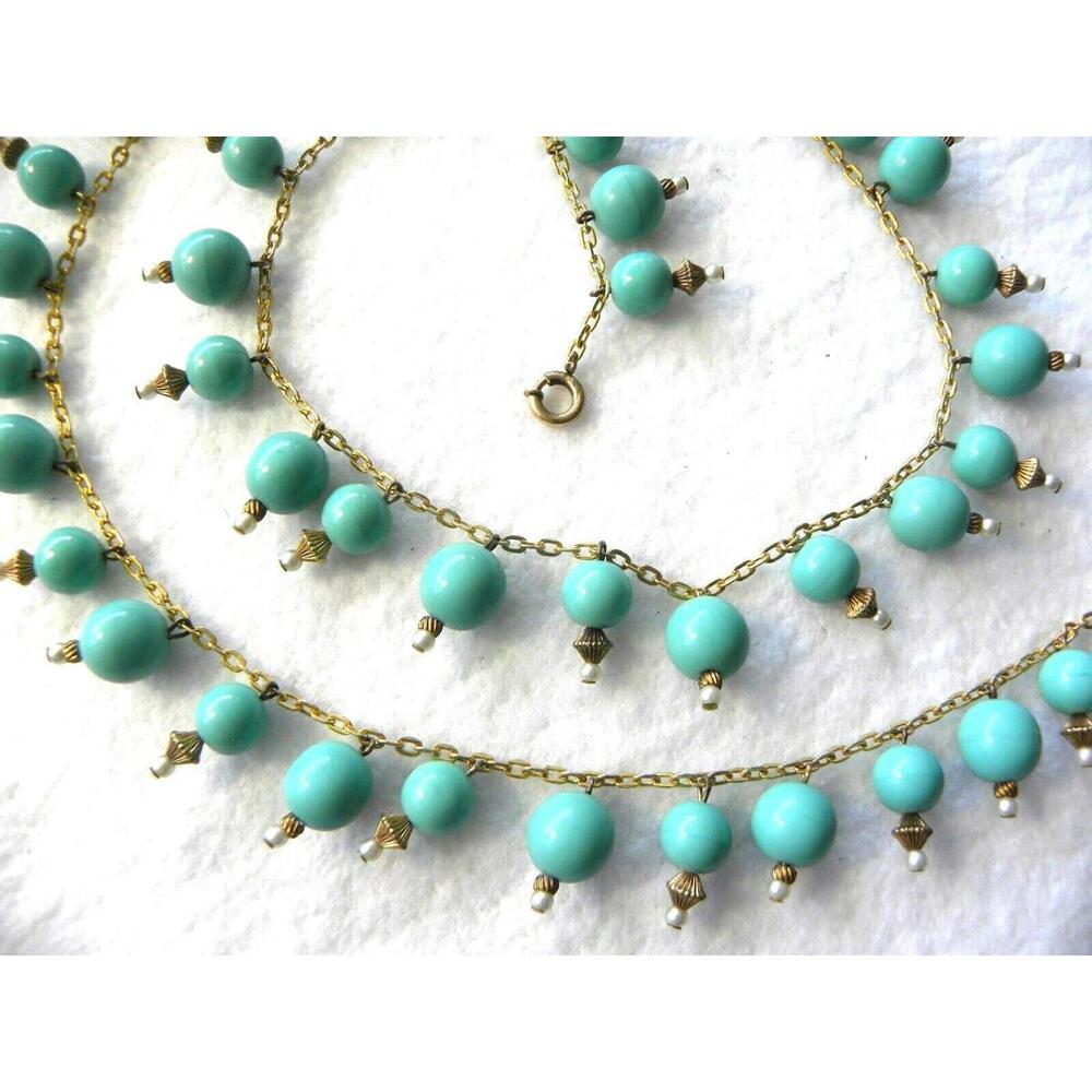 Vintage Early Miriam Haskell Turquoise Bead Necklace Pearl Gold Tone - Picture 6 of 6